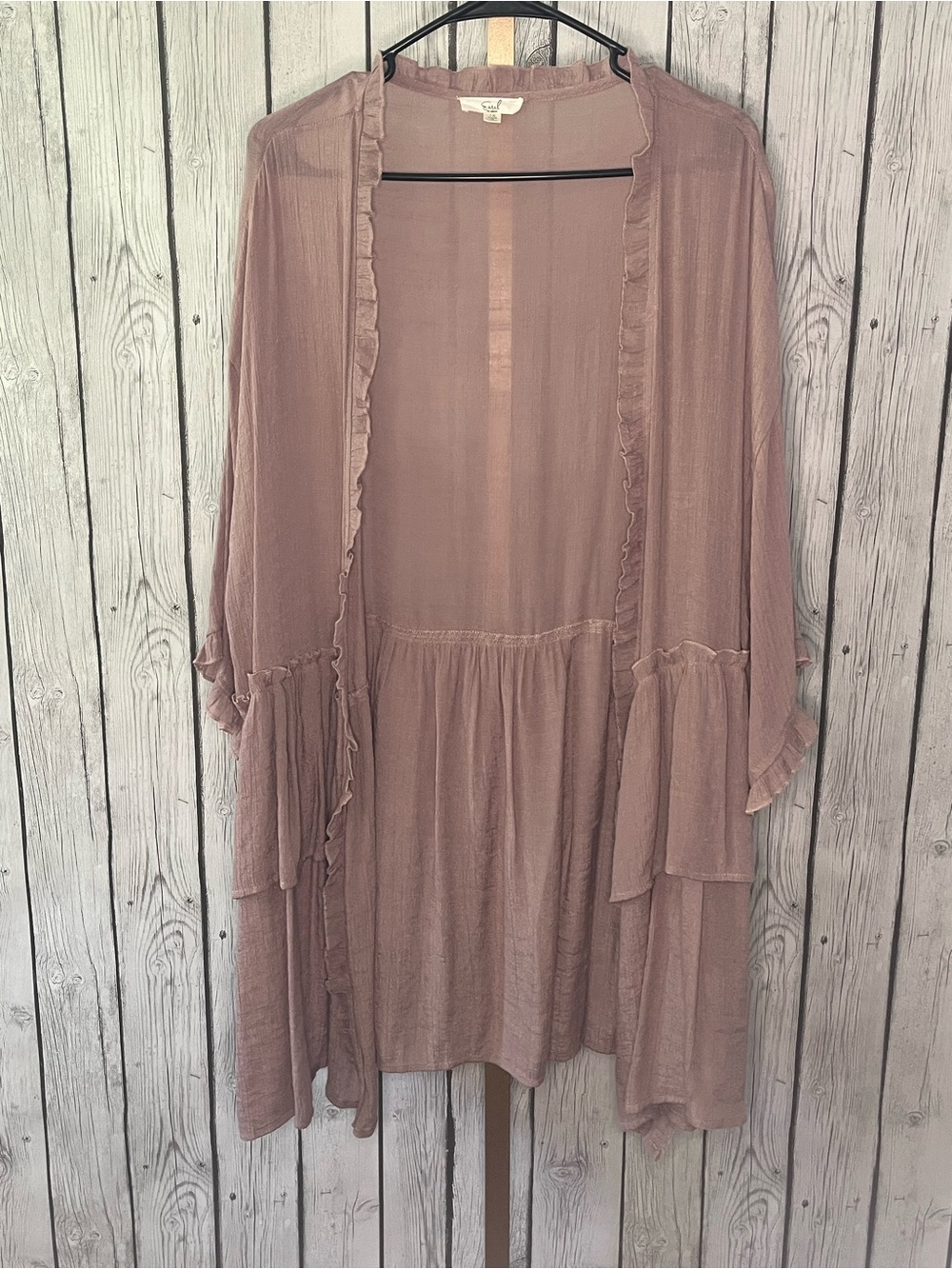 Easel 1X Mauve 100% Tencel Ruffle Open Front Kimono Cardigan Duster boho chic